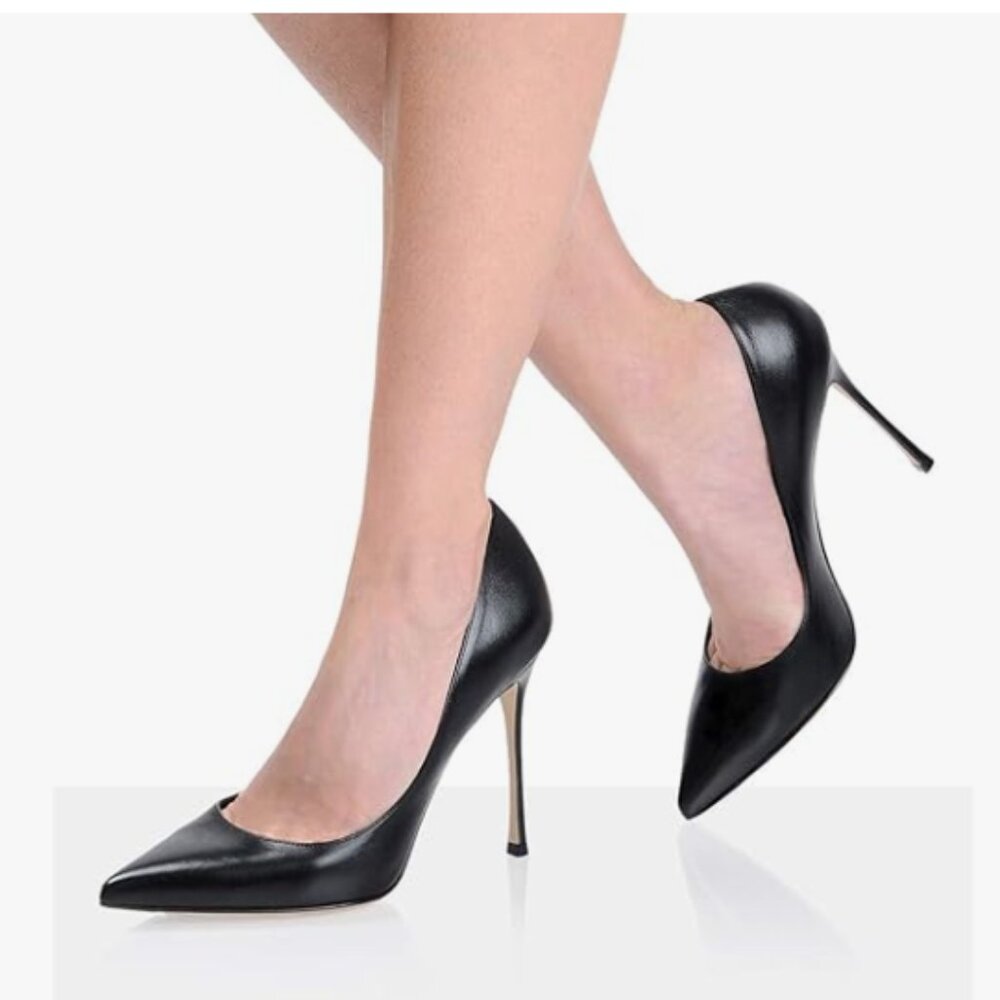 FSJ Black Pointed Toe Pumps High Heel Sexy Stilettos Slip On Office Dress Shoes - Picture 1 of 8